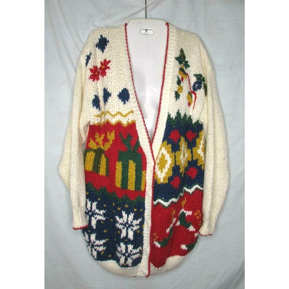 Cherry Stix Hand Knit Holiday Cardigan Sweater Ramie Blend Large Vintage 1980s